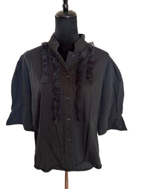 Women's Black Lace-Trim Button Front Blouse